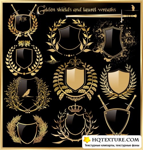 Golden labels and shields with laurel wreaths