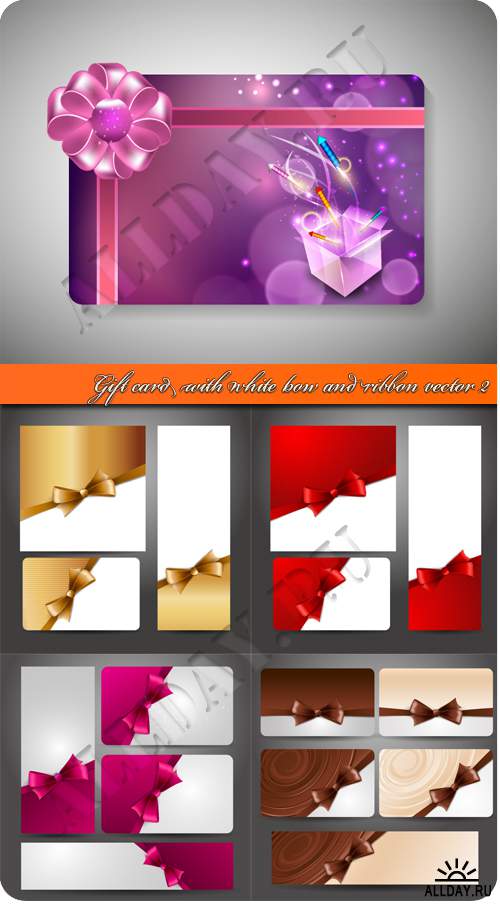 Подарочные карточки с бантом 2 | Gift card with white bow and ribbon vector 2